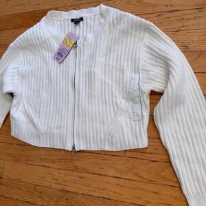 Wild Fable White Ribbed Cropped Zip Up Cardigan Sweater Medium NWT